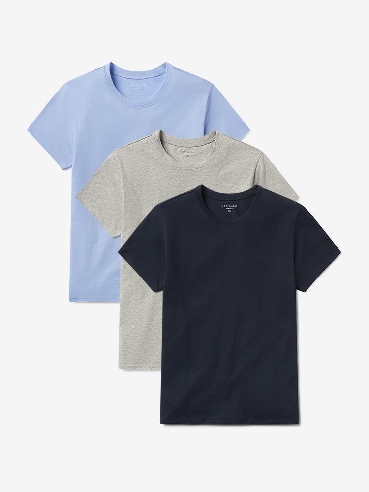 Women wearing Navy/Heather Gray/Hydrangea Relaxed Crew Marcy Tee 3-Pack