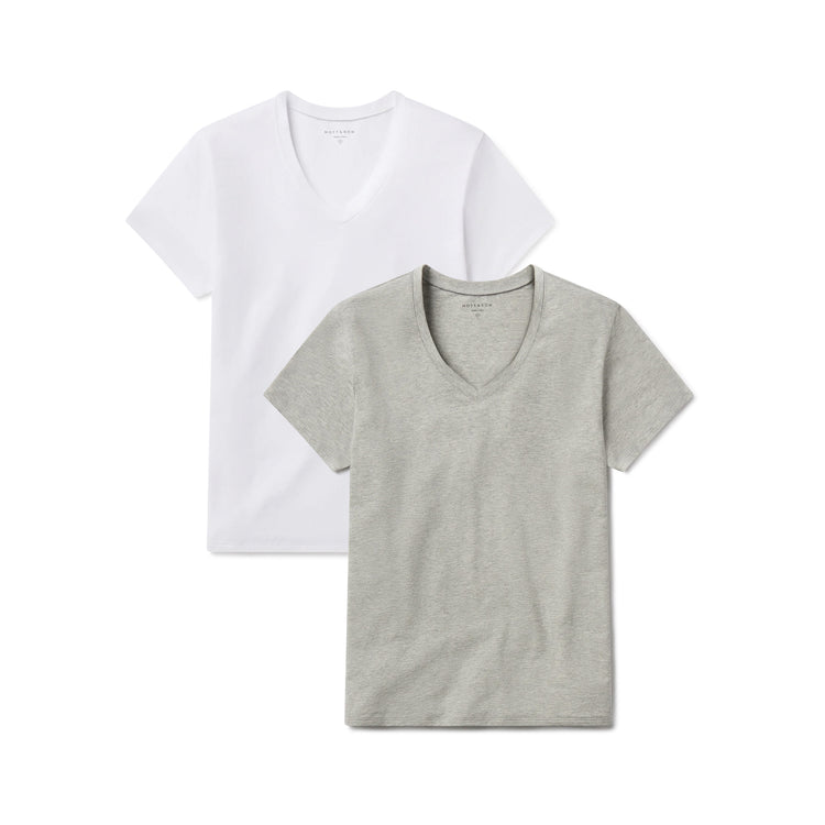 Women wearing Heather Gray/White Relaxed V-Neck Marcy Tee 2-Pack