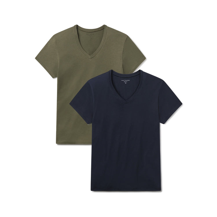 Women wearing Navy/Military Green Relaxed V-Neck Marcy Tee 2-Pack