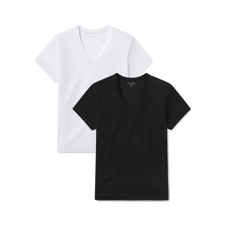 Women wearing White/Black Relaxed V-Neck Marcy Tee 2-Pack