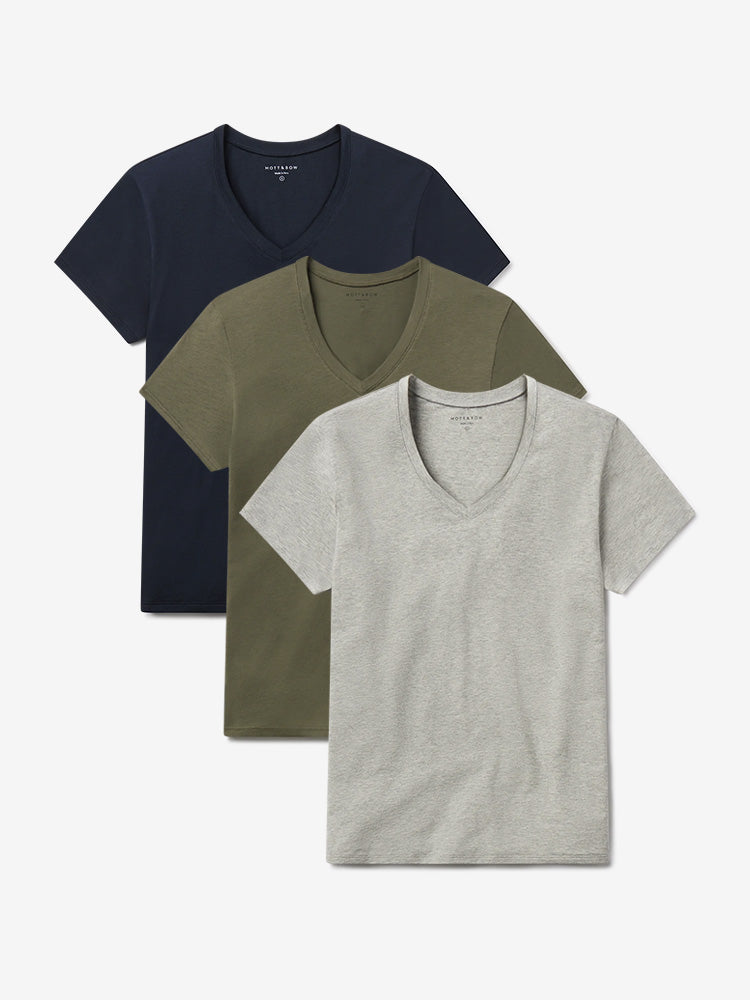 Women wearing Navy/Heather Gray/Military Green Relaxed V-Neck Marcy Tee 3-Pack