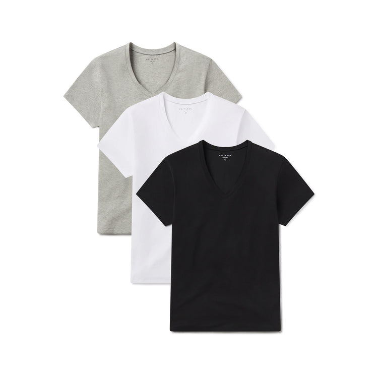Women wearing White/Black/Heather Gray Relaxed V-Neck Marcy Tee 3-Pack