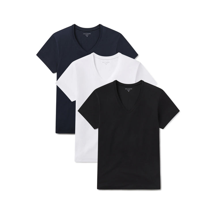 Women wearing White/Black/Navy Relaxed V-Neck Marcy Tee 3-Pack