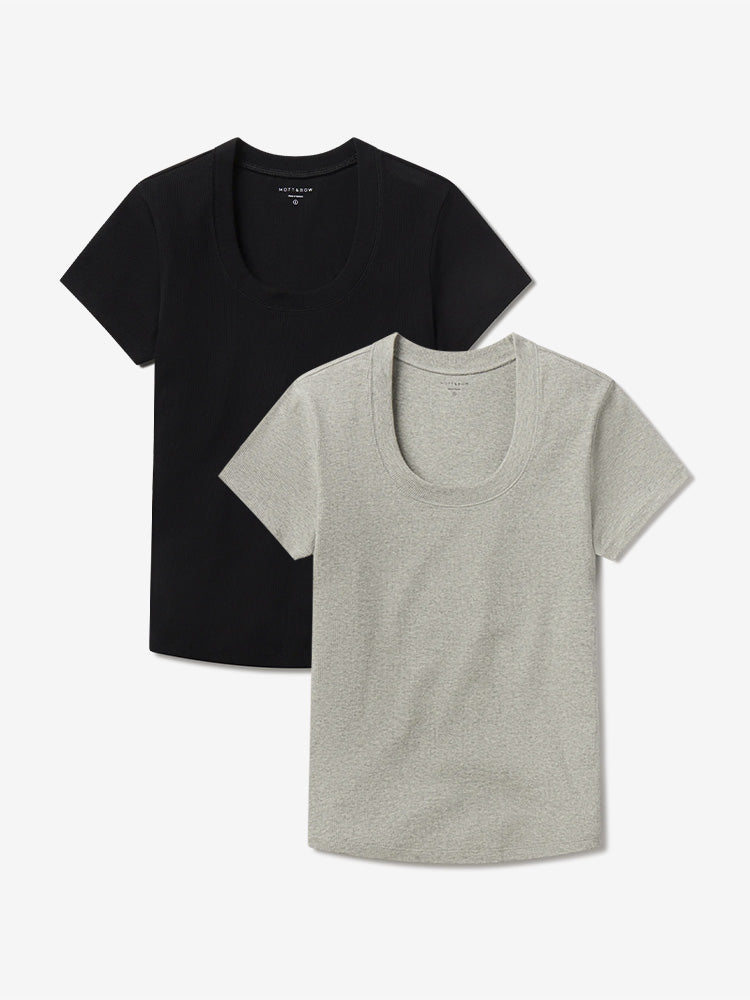 Women wearing Black/Heather Gray Rib Scoop Neck Tee 2-Pack