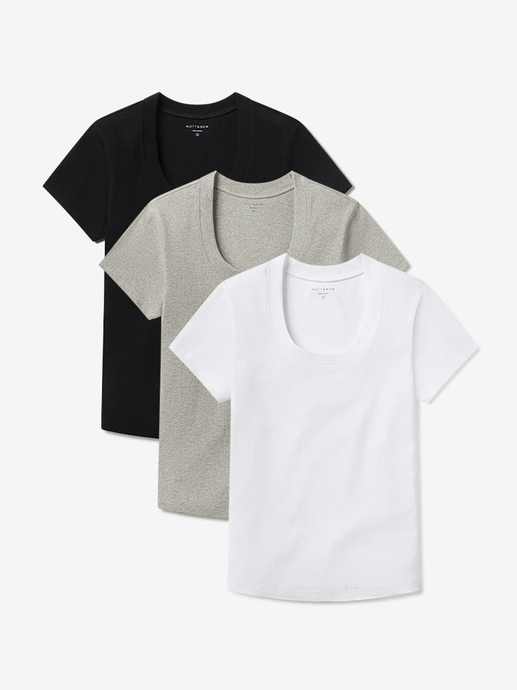 Women wearing White/Black/Heather Gray Rib Scoop Neck Tee 3-Pack