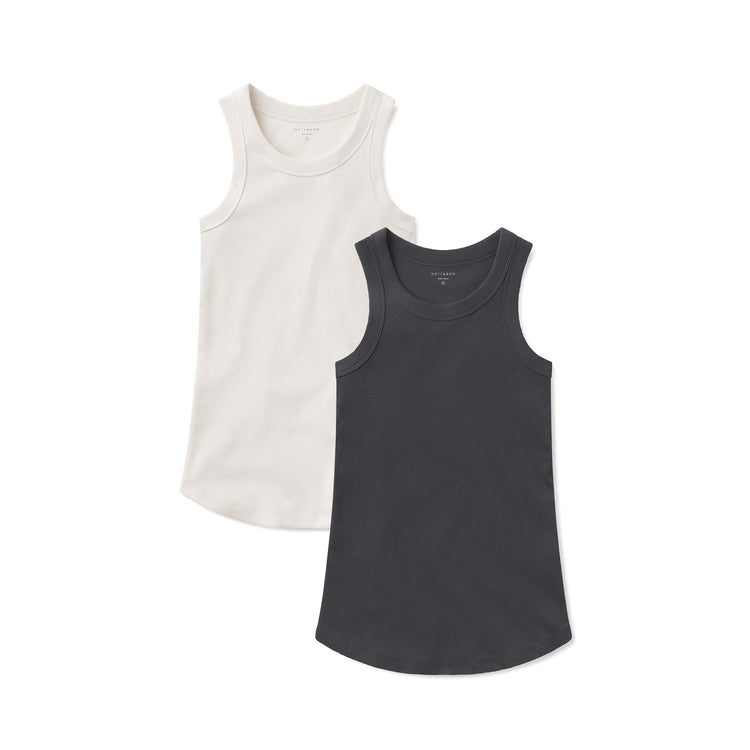 Women wearing Pearl White/Dark Gray Rib Tank Tee 2-Pack