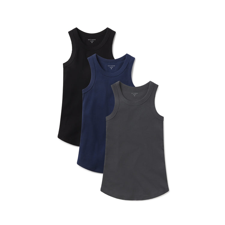 Women wearing Dark Gray/Navy/Black Rib Tank Tee 3-Pack