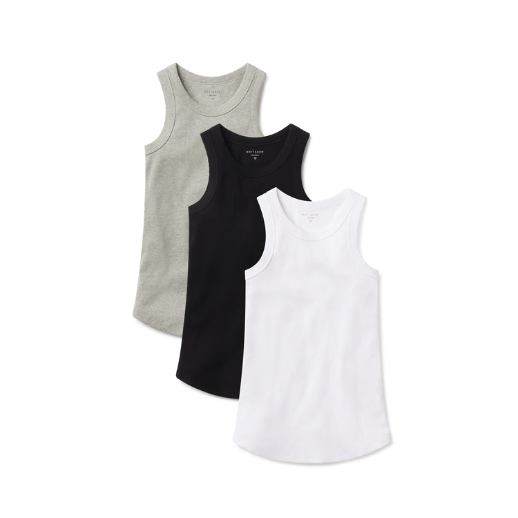 Women wearing White/Black/Heather Gray Rib Tank Tee 3-Pack
