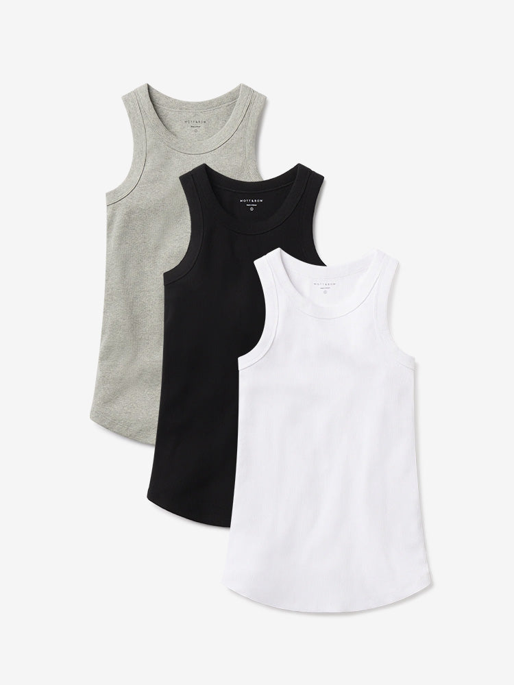 Women wearing White/Black/Heather Gray Rib Tank Tee 3-Pack