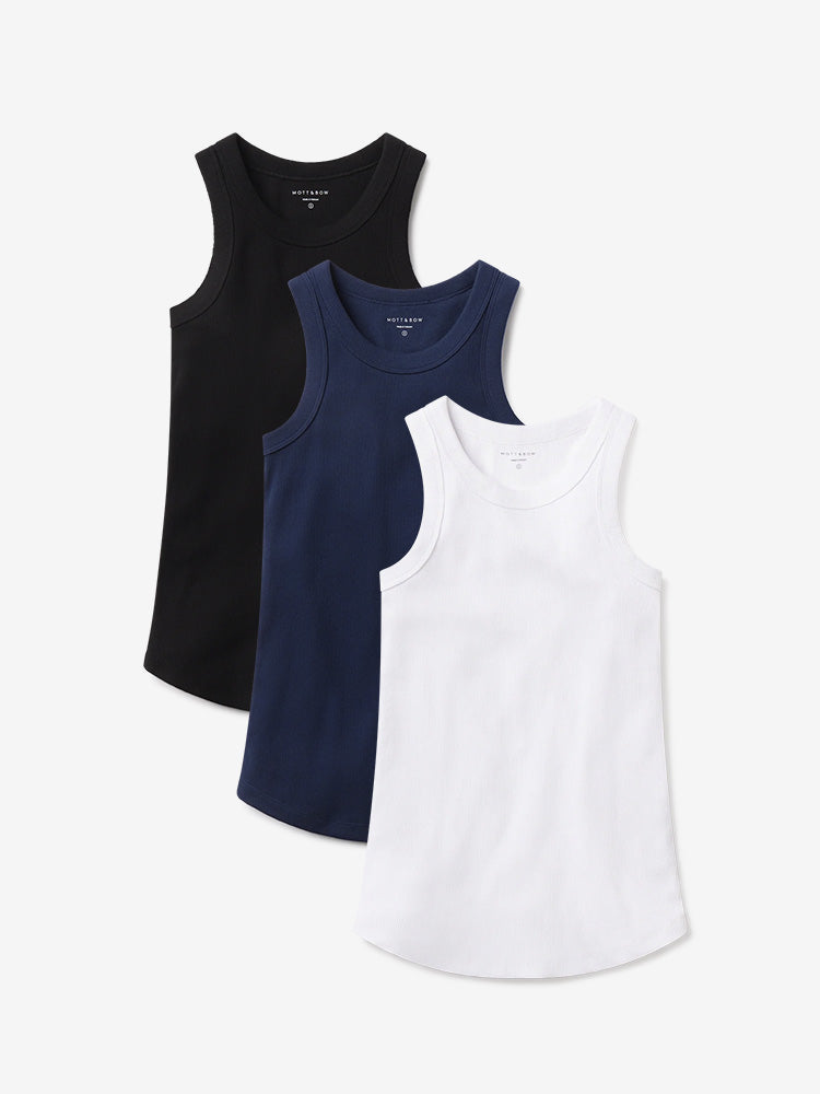 Women wearing White/Black/Navy Rib Tank Tee 3-Pack