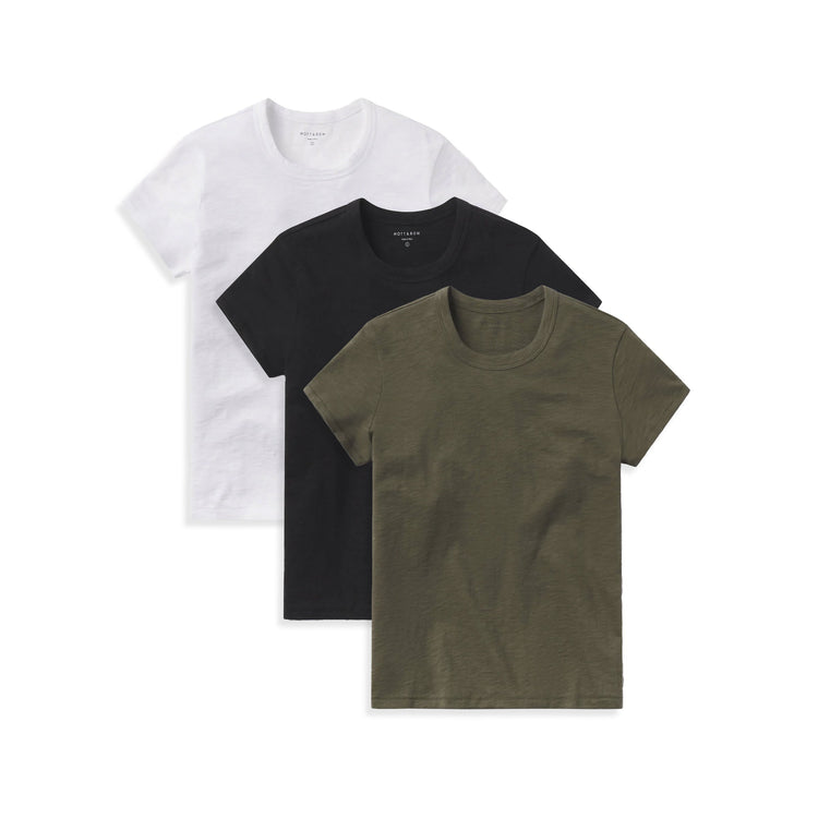 Women wearing White/Black/Military Green Classic Crew Slub 3-Pack