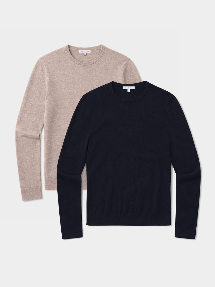 Men wearing Navy/Camel Heather Classic Cashmere Crew Bergen Sweater 2-Pack