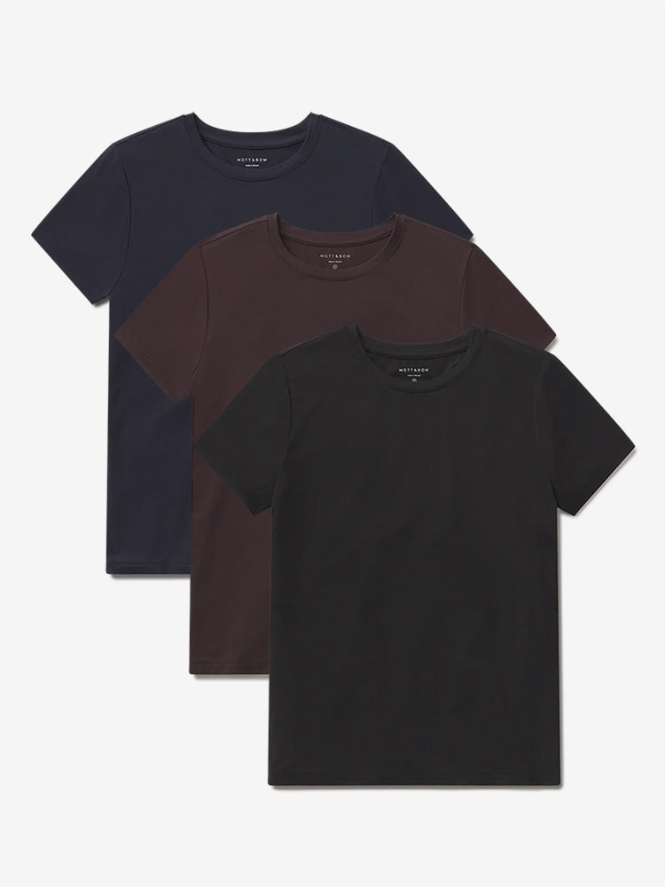 Women wearing Espresso/Black/Navy Second Skin Crew Tee 3-Pack