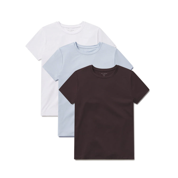 Women wearing Ice Blue/Espresso/White Second Skin Crew Tee 3-Pack