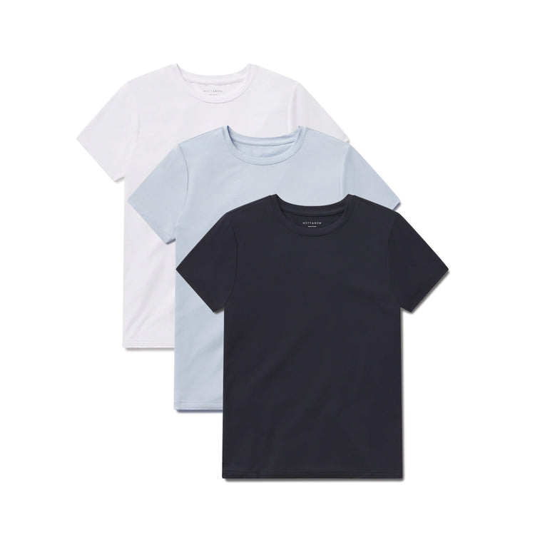 Women wearing White/Navy/Ice Blue Second Skin Crew Tee 3-Pack