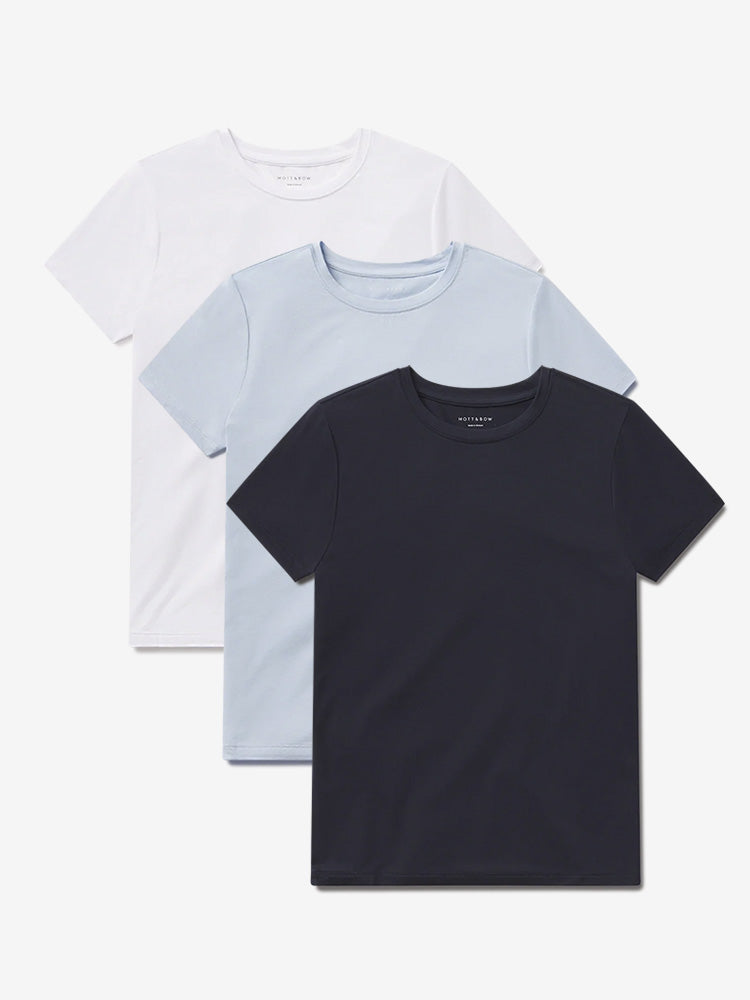 Women wearing White/Navy/Ice Blue Second Skin Crew Tee 3-Pack