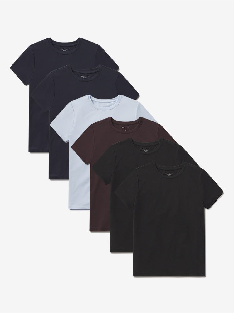 Women wearing Black/Black/Navy/Navy/Espresso/Ice Blue Second Skin Crew Tee 6-Pack
