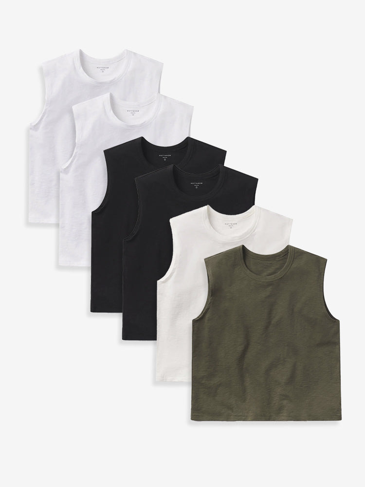 Women wearing Blanc/Blanc/Noir/Noir/Bone/Vert Militaire Relaxed Slub Tank 6-Pack