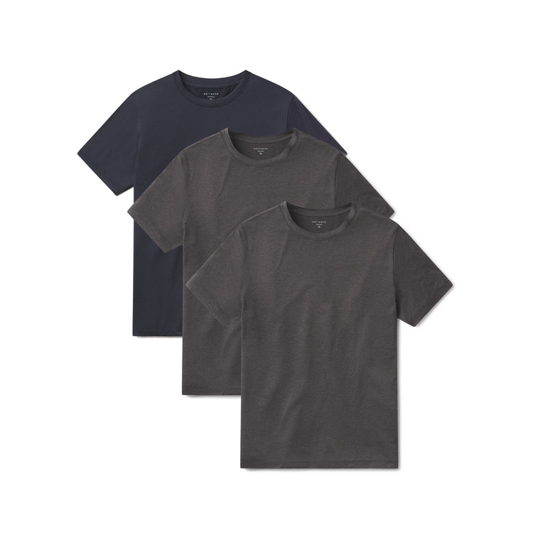 wearing Charcoal Heather/Charcoal Heather/Navy Heather Tech Tee 3-Pack