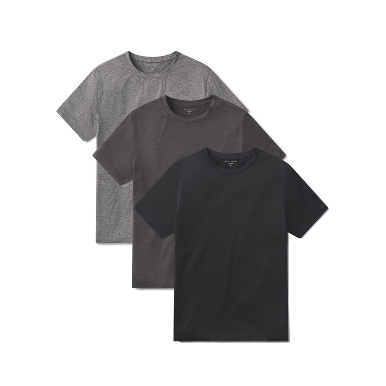 wearing Black Heather/Charcoal Heather/Heather Gray Tech Tee 3-Pack