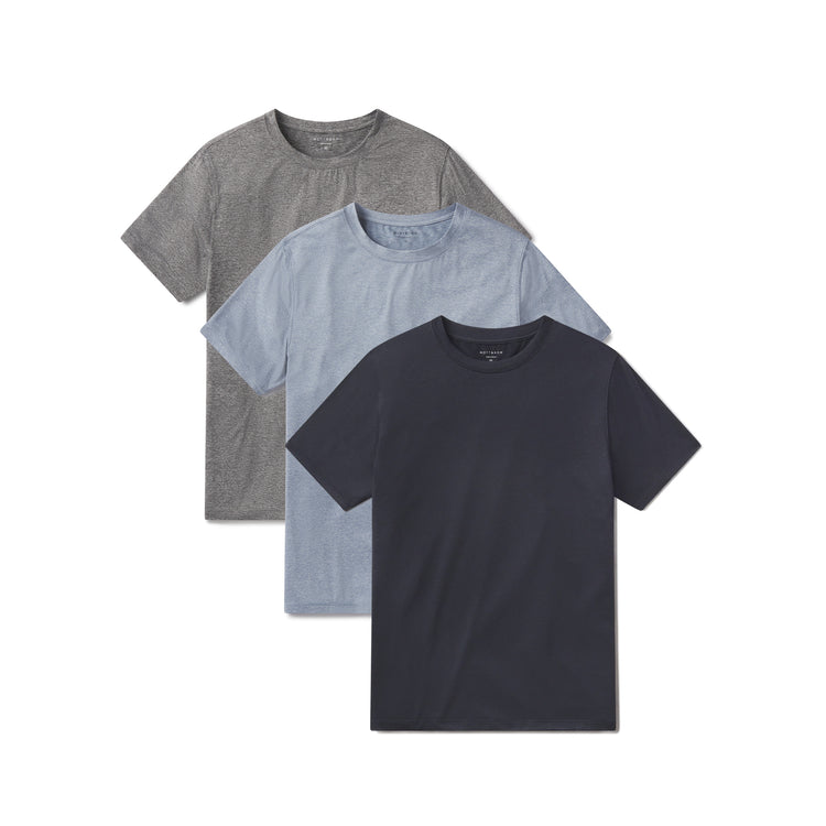 wearing Sky Blue Heather/Navy Heather/Heather Gray Tech Tee 3-Pack