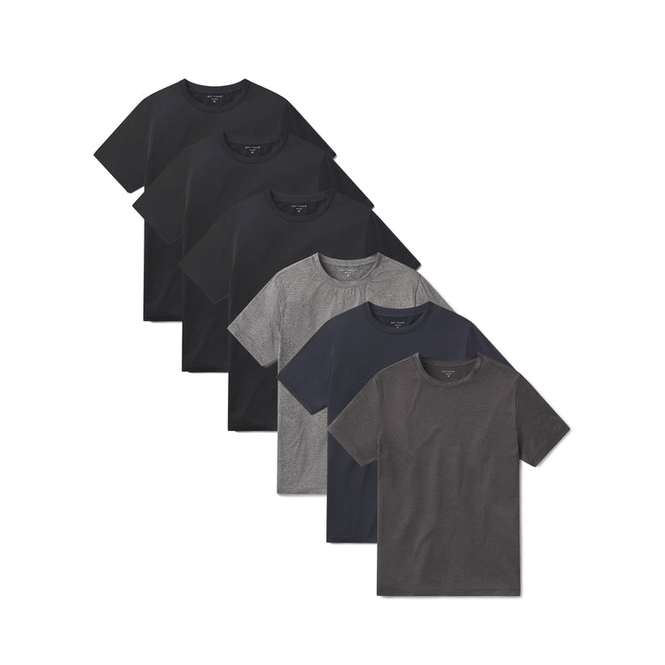 wearing Black Heather/Black Heather/Black Heather/Navy Heather/Charcoal Heather/Heather Gray Tech Tee 6-Pack