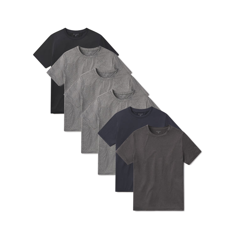 wearing Heather Gray/Heather Gray/Heather Gray/Charcoal Heather/Navy Heather/Black Heather Tech Tee 6-Pack