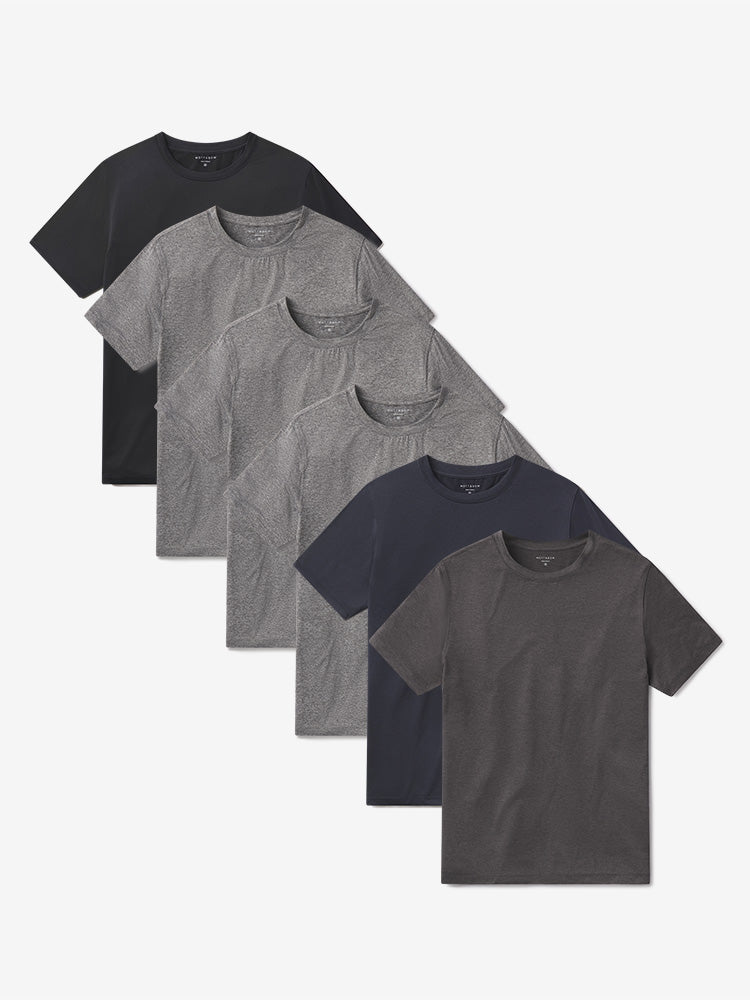 wearing Heather Gray/Heather Gray/Heather Gray/Charcoal Heather/Navy Heather/Black Heather Tech Tee 6-Pack