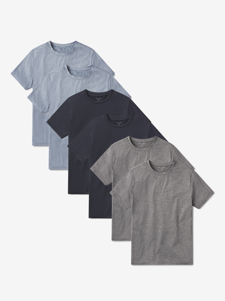 wearing Sky Blue Heather/Navy Heather/Heather Gray Tech Tee 6-Pack