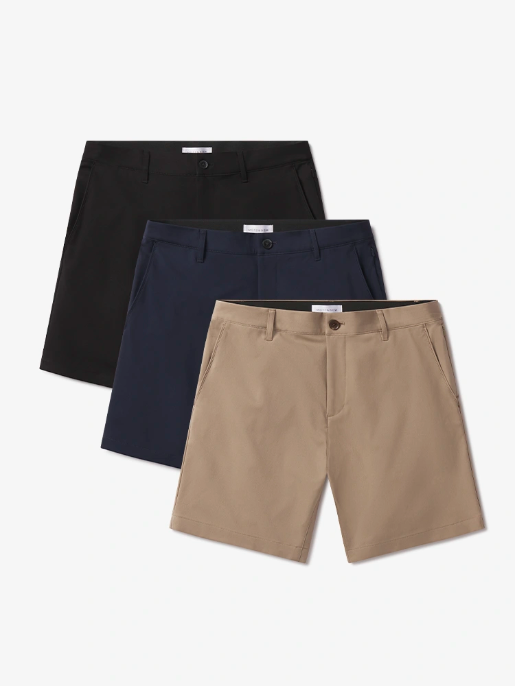 Men wearing Khaki/Navy/Black Tech Short 3-Pack