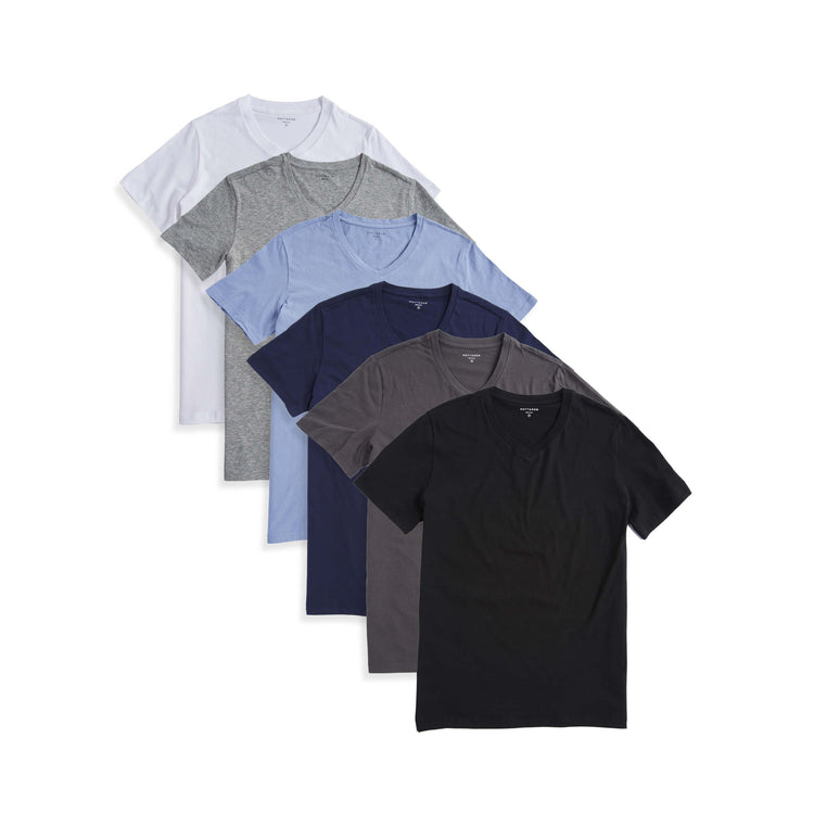 wearing White/Heather Gray/California Blue/Navy/Dark Gray/Black Classic V-Neck Driggs 6-Pack