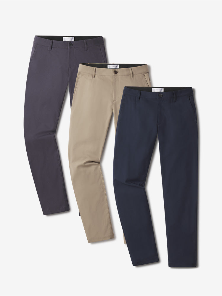 wearing Navy/Granite/Khaki Tech Slim Pants 3-Pack