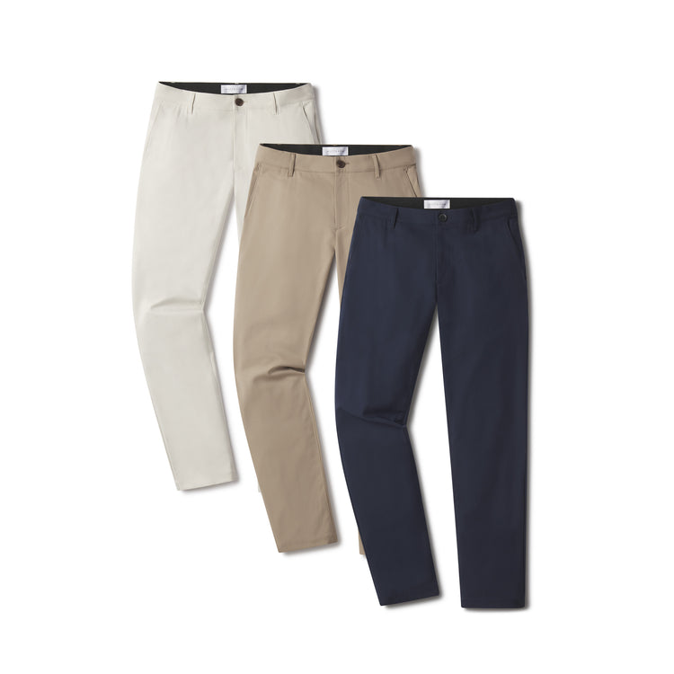 wearing Navy/Stone/Khaki Slim Tech Pants 3-Pack