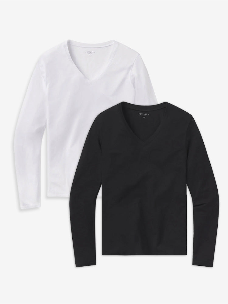 Women wearing Black/White Long Sleeve V-Neck Tee Marcy 2-Pack