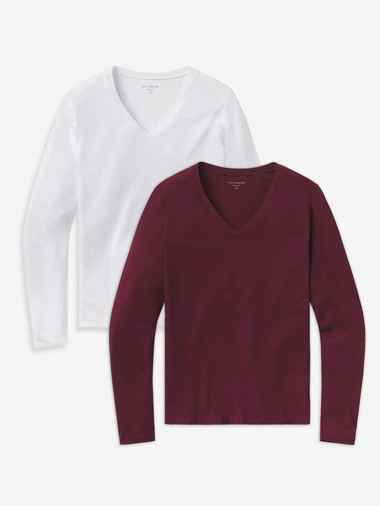Women wearing Crimson/White Long Sleeve V-Neck Tee Marcy 2-Pack