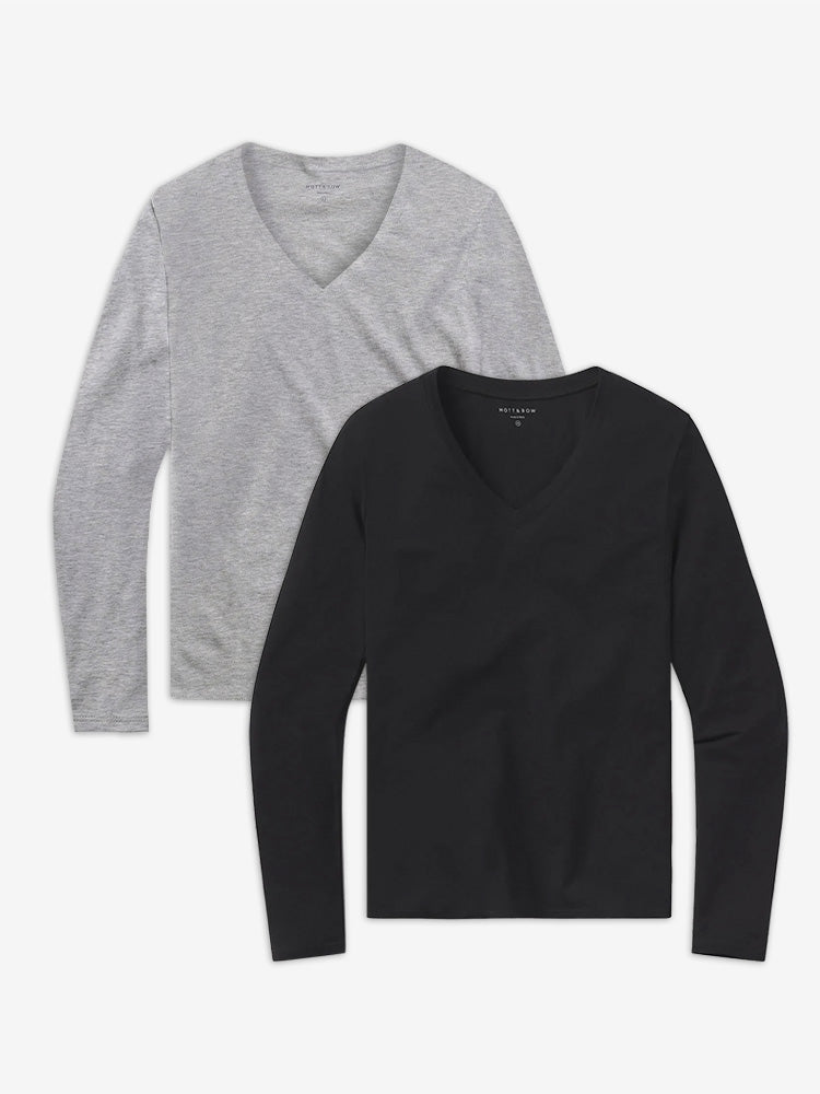 Women wearing Heather Gray/Black Long Sleeve V-Neck Tee Marcy 2-Pack