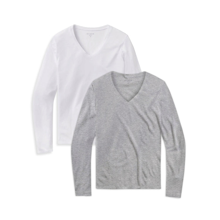 Women wearing White/Heather Gray Long Sleeve V-Neck Tee Marcy 2-Pack