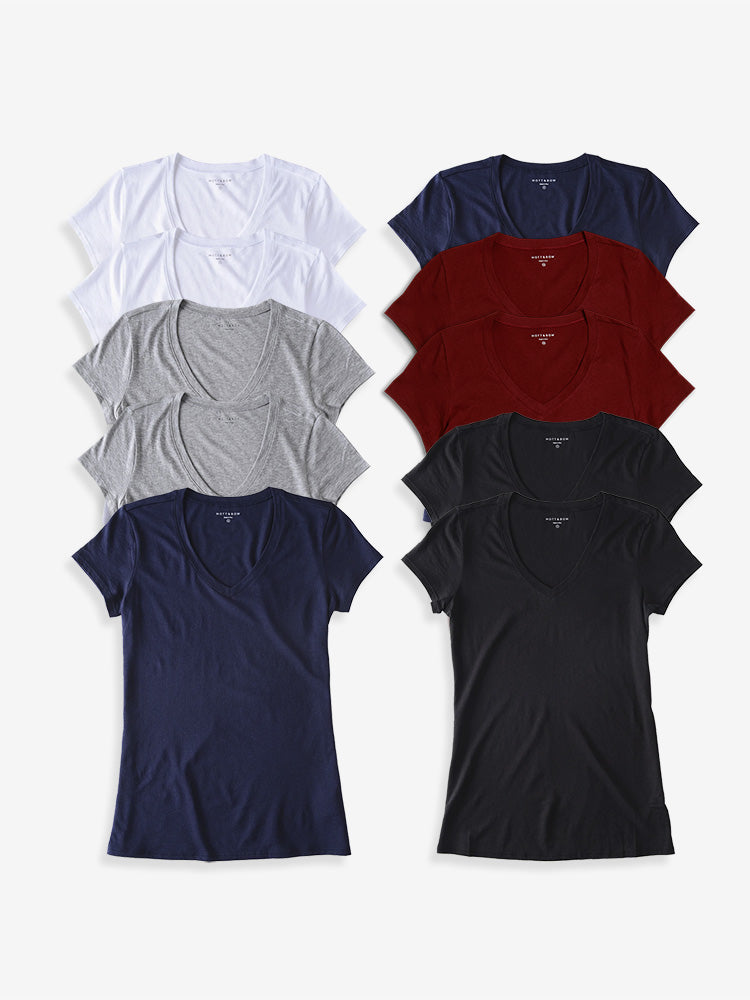 Women wearing Black/Navy/White/Heather Gray/Crimson Fitted V-Neck Marcy 10-Pack
