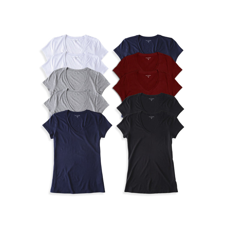 Women wearing Black/Navy/White/Heather Gray/Crimson Fitted V-Neck Marcy 10-Pack