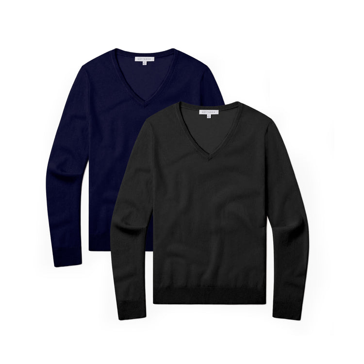 Women wearing Black/Navy Cashmere V-Neck Willow Sweater 2-Pack