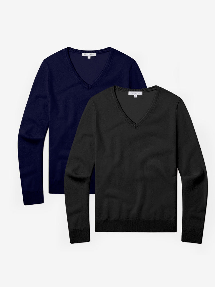 Women wearing Black/Navy Cashmere V-Neck Willow Sweater 2-Pack