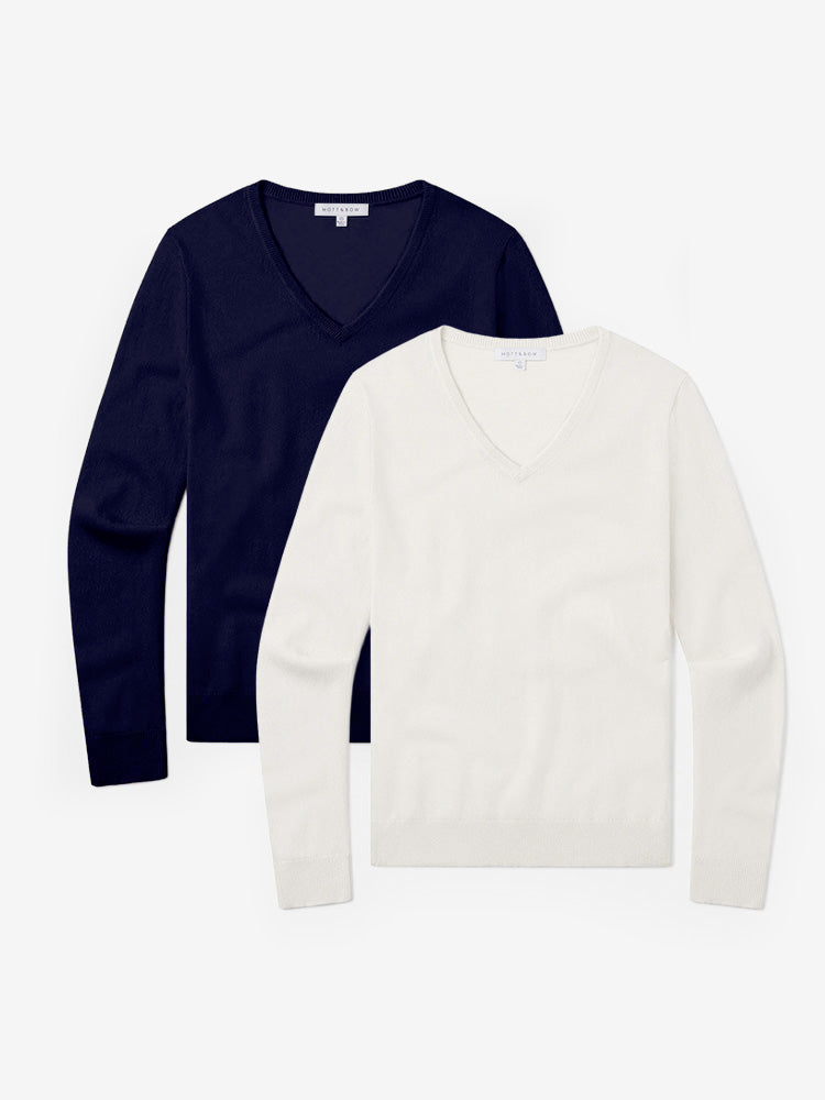 Women wearing Navy/Cream Cashmere V-Neck Willow Sweater 2-Pack