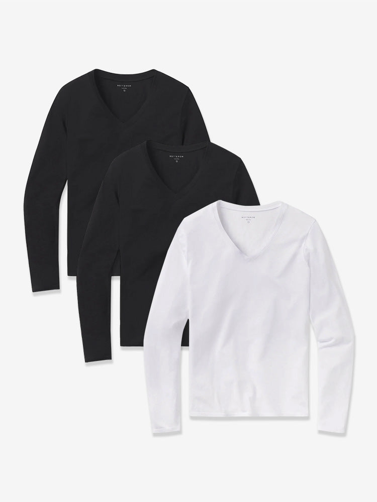Women wearing 2 Black/1 White Long Sleeve V-Neck Tee Marcy 3-Pack