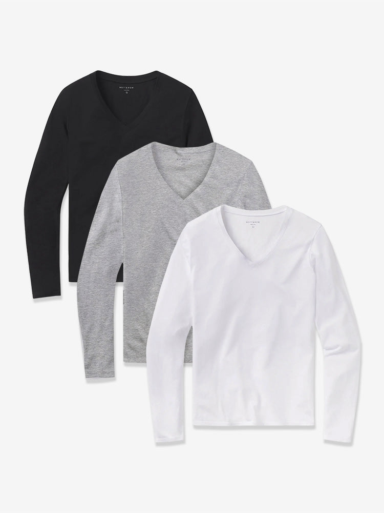 Women wearing Black/Heather Gray/White Long Sleeve V-Neck Tee Marcy 3-Pack