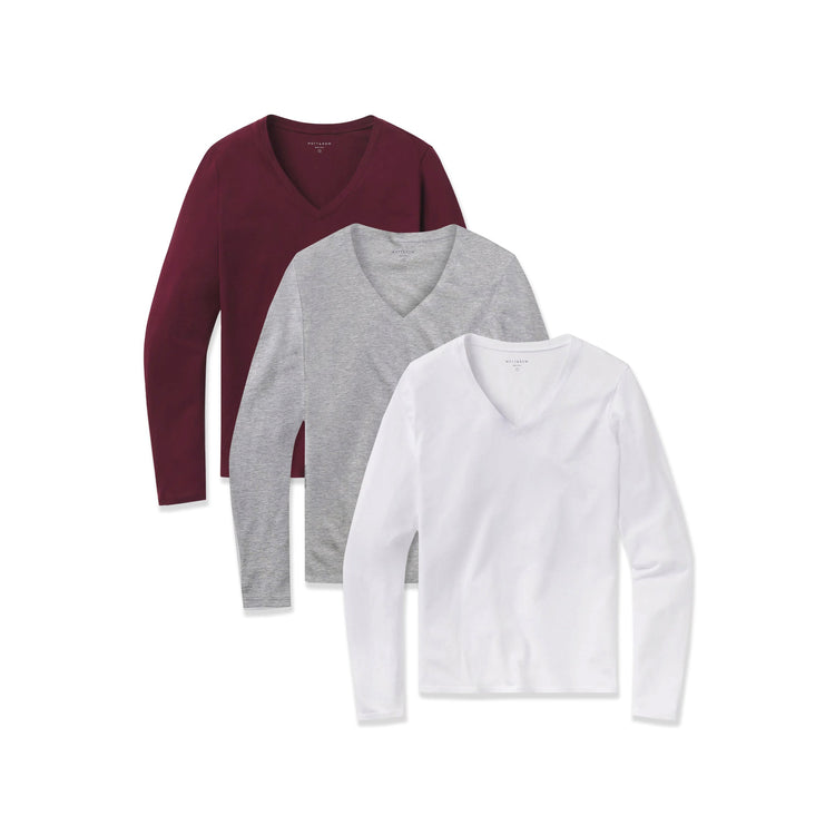 Women wearing Heather Gray/White/Crimson Long Sleeve V-Neck Tee Marcy 3-Pack