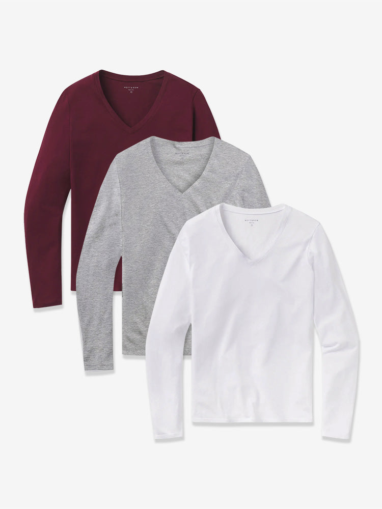 Women wearing Heather Gray/White/Crimson Long Sleeve V-Neck Tee Marcy 3-Pack