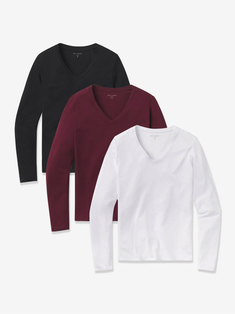 Women wearing White/Black/Crimson Long Sleeve V-Neck Tee Marcy 3-Pack