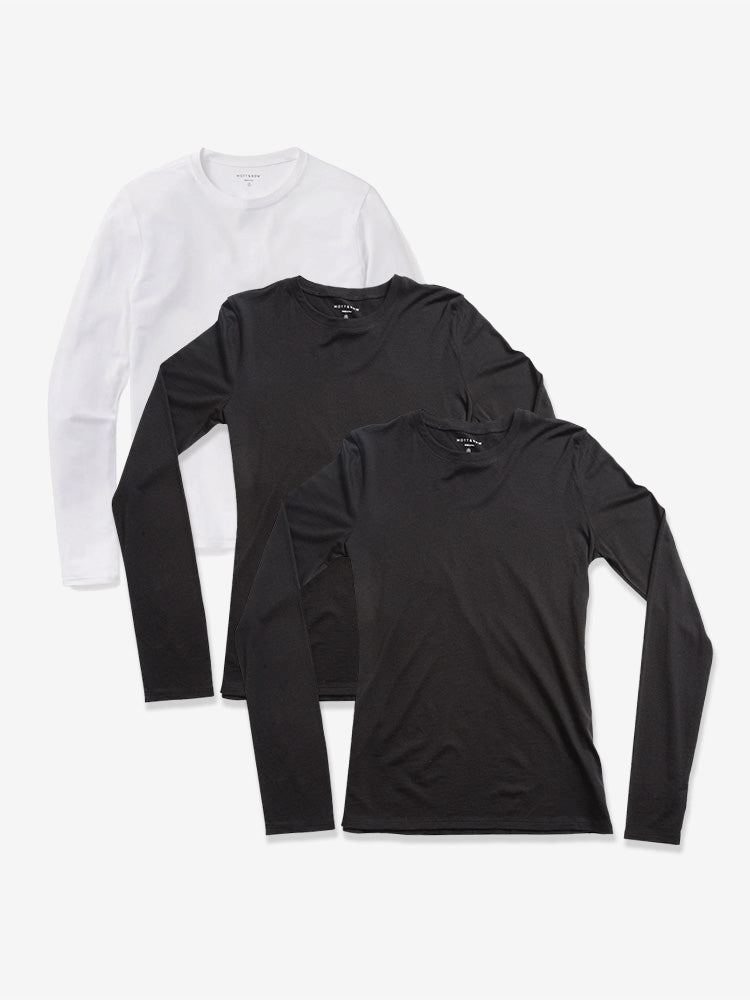 Women wearing 1 White/2 Black Long Sleeve Crew Tee Marcy 3-Pack