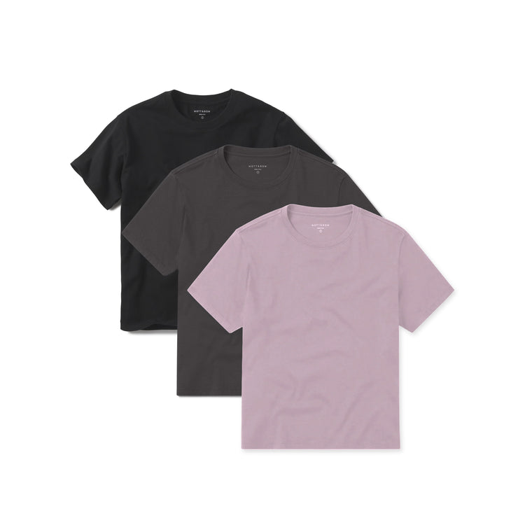 Women wearing Dark Gray/Black/Rose Pink Everyday Cotton Crew Tee 3-Pack