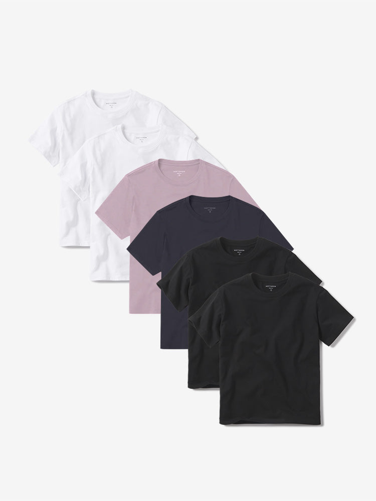 Women wearing White/White/Rose Pink/Navy/Black/Black Everyday Cotton Crew Tee 6-Pack